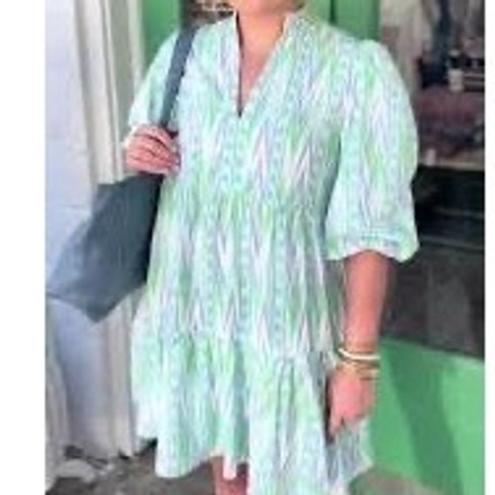 EMILY MCCARTHY Green Ikat Tiered Preppy Pastel Coastal Ruffle Tunic Dress LARGE